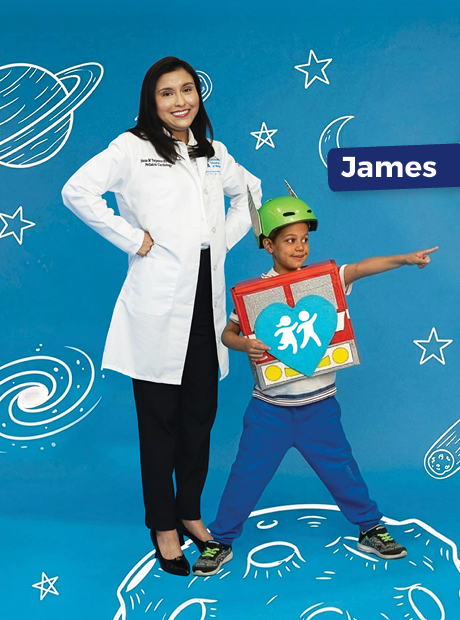 Healthcare worker with child space costume