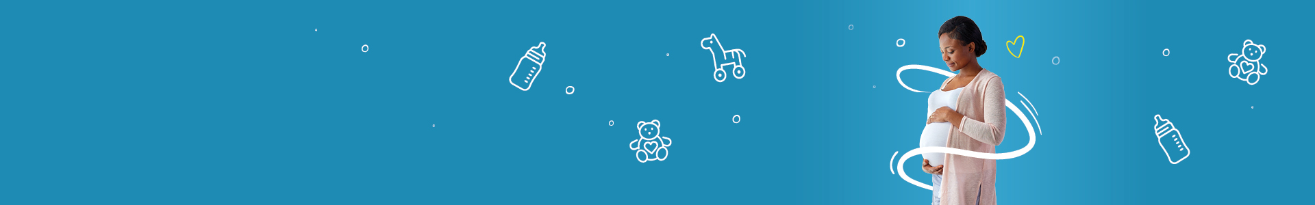 Expectant parent with child-themed illustrations